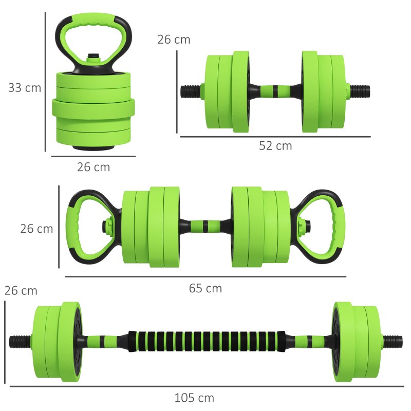 SPORTNOW 4-in-1 Adjustable Weight Dumbbells Set, Used as Barbell, Kettlebell, Push up Stand, Free Weights Set for Men and Women Home Gym Training, 40KG, Green