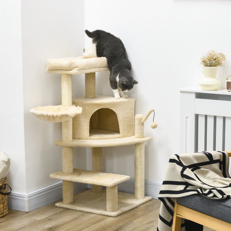 PawHut Cat Tree Tower for Indoor Cats Cat Scratching Post 100cm Climbing Frame Kitten Activity Centre with Sisal Condo Hammock Bed Hanging Toy, Cream White