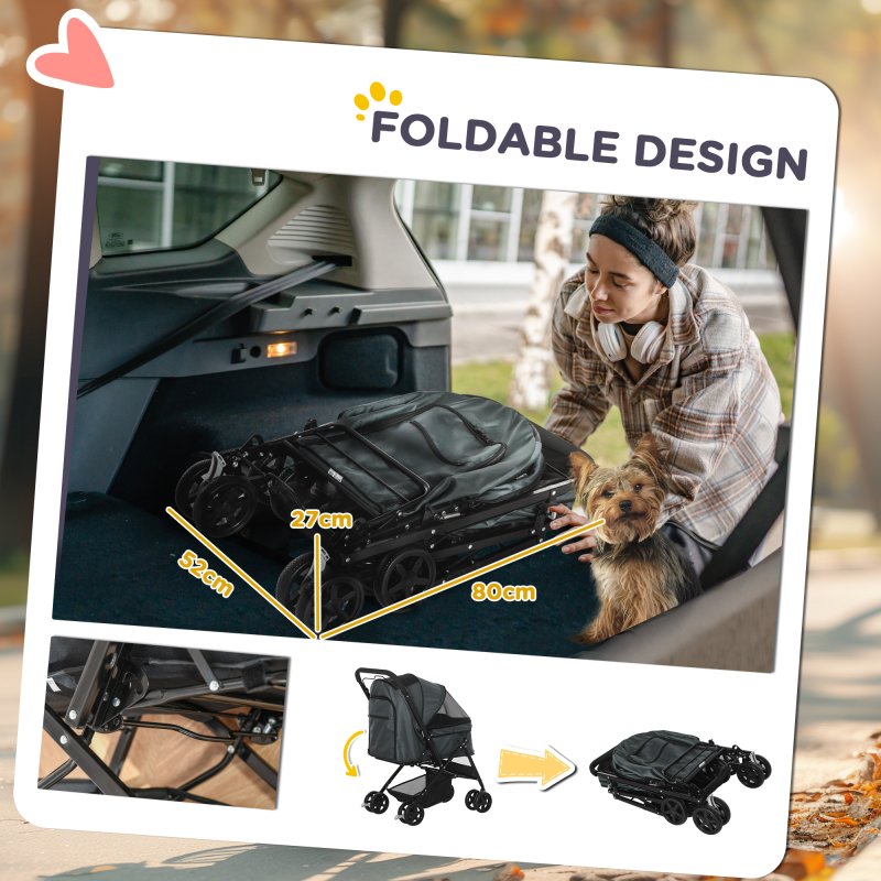 PawHut Dog Stroller, Pet Stroller, Foldable Dog Cat Travel Pushchair with Reversible Handle, EVA Wheels, Brake, Basket, Adjustable Canopy, Safety Leash, for Small Dogs, Grey