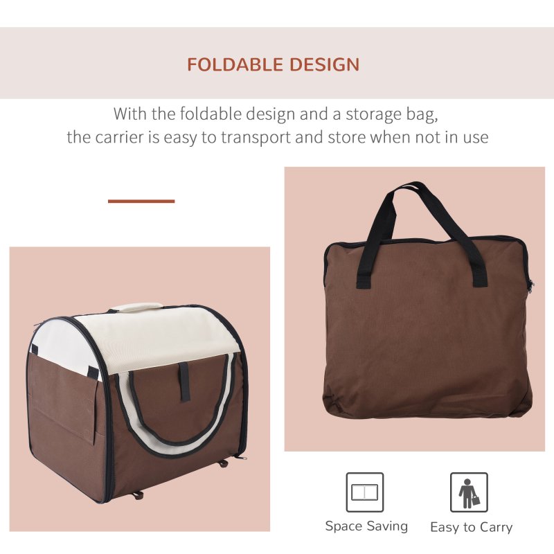 PawHut Foldable Pet Carrier for Miniature Dogs, Portable Cat Carrier Bag Soft Side Fabric Dog Crate with Removable Mat, Breathable Mesh, Ground Stakes, 46L x 36W x 41H cm - Brown