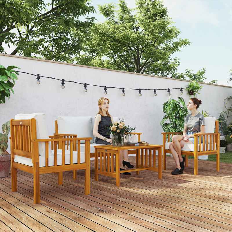 Outsunny 4 Piece Garden Furniture Set, 4 Seater Acacia Wood Patio Conversation Set with 2 Chairs, Loveseat, Thick Cushions and Coffee Table, Slat Design, Teak