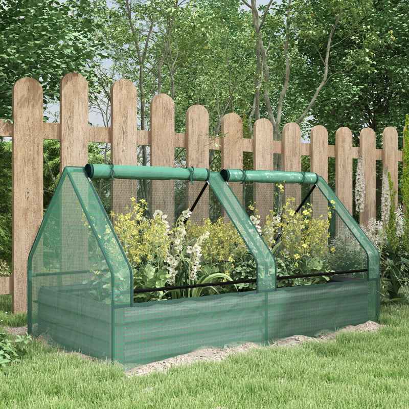 Outsunny Raised Garden Bed with Mini Greenhouse, Outdoor Metal Planter Box with Cover, for Herbs and Vegetables, Use for Patio, Garden, Balcony, Green and Dark Grey