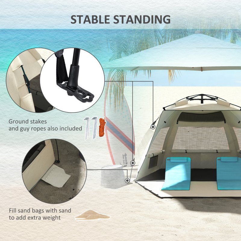Outsunny Pop Up Tent Beach Tent for 2-3 Person, UPF15+ Easy Set Up Sun Shelter with Extended Floor, Sandbags, Mesh Windows and Carry Bag, Khaki