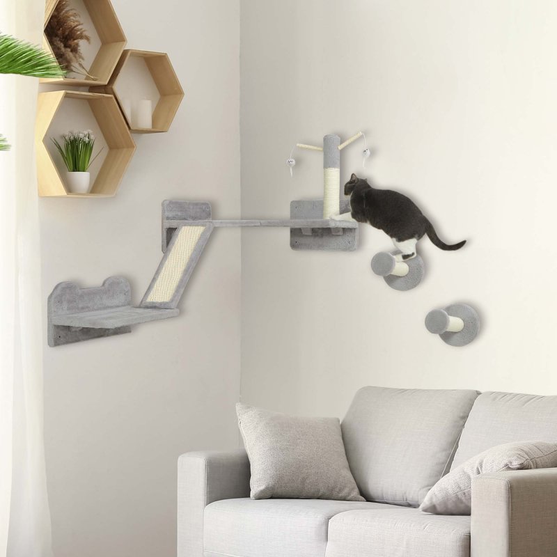 PawHut Cat Wall Furniture, 3 Piece Cat Shelves with Scratching Posts, Scratching Pads, Perches, Cat Wands, Toy Balls, Corner Design Cat Wall Shelves for Indoor Cats, Kittens, Light Grey