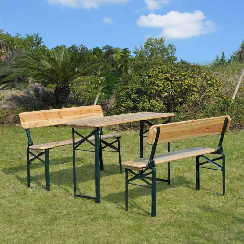 Outsunny Portable Folding Camping Picnic Trestle Beer Table and 2 Bench Set Wooden Garden Furniture Patio Dining Party BBQ Chairs Stools
