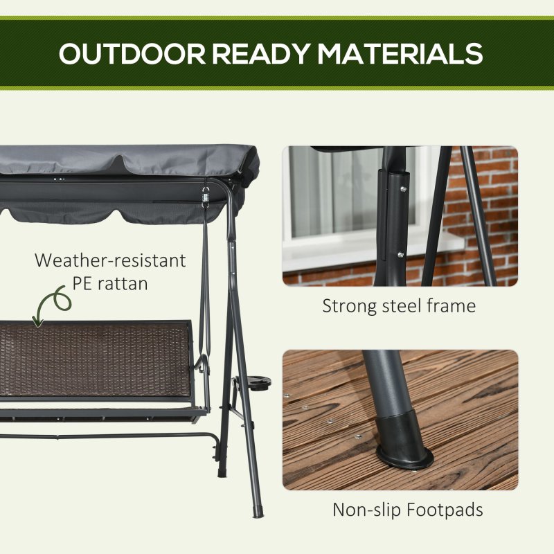Outsunny 3 Seater Swing Chair, Garden Swing Seat Bench with Adjustable Canopy, Rattan Seat and Steel Frame for Patio, Yard, Dark Grey