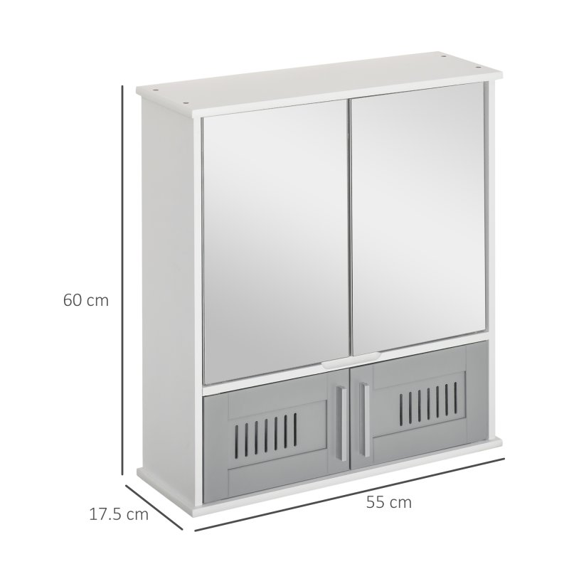 kleankin Bathroom Mirror Cabinet, Wall Mounted Storage Cupboard with Double Doors and Adjustable Shelf, Bathroom Organizer