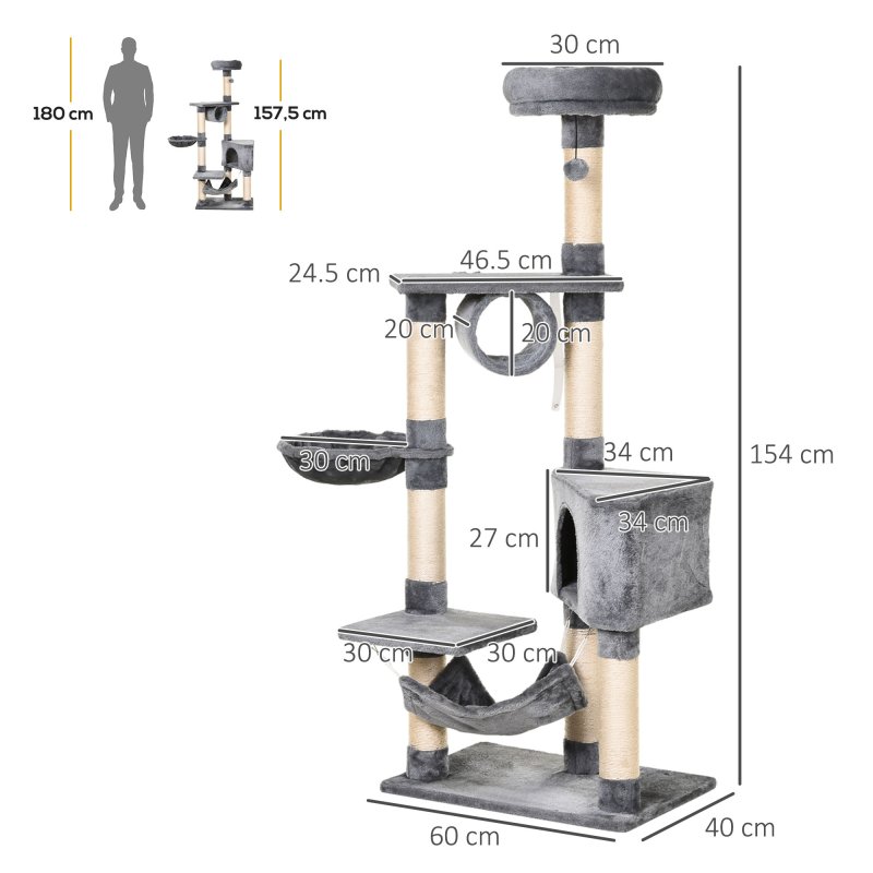 PawHut Cat Tree for Indoor Cats Condo Tower Multi-level Height 150CM  Kittens Activity Stand House with Toys & Various Scratching Posts