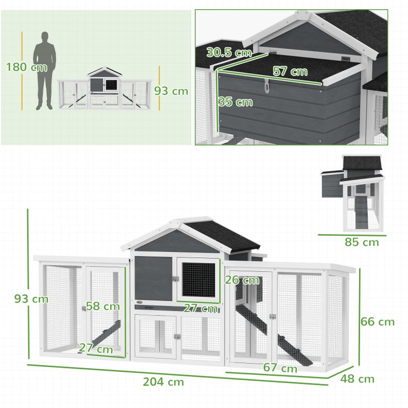 PawHut Large Chicken Coop with Run Garden Hen House Poultry Coops Cages with Nesting Box Wooden 204 x 85 x 93cm, Grey