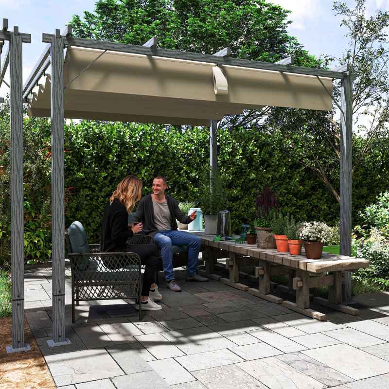 Outsunny 3 x 3(m) Garden Pergola with Retractable Roof Canopy and Wood Grain Aluminium Frame, Outdoor Gazebo Pergola Kit, UPF30+ Sun Shade Shelter for Deck, Porch, Grey