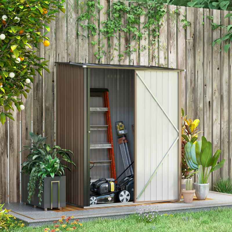 Outsunny 5ft x 3ft Lean to Garden Shed, Metal Outdoor Storage Shed with Single Lockable Door, Tool Storage Shed for Garden, Patio, Brown