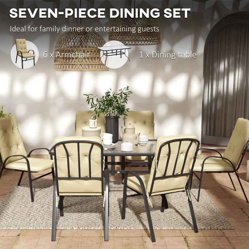Outsunny 7 Pieces Garden Dining Set, Outdoor Rectangular Dining Table and 6 Cushioned Armchairs, Tempered Glass Top Table w/ Umbrella Hole, Texteline Seats, Beige