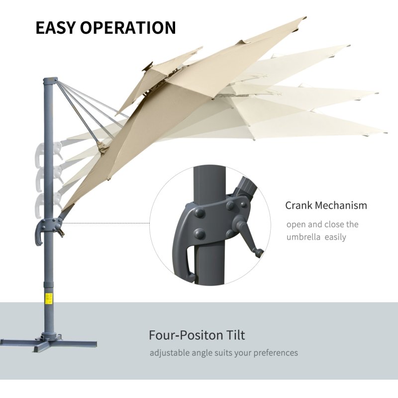 Outsunny 3(m) Cantilever Roma Parasol with LED Solar Lights, Crank & Tilt, Aluminium Frame, Cross Base and Adjustable Canopy 360° Rotating Sun Umbrella with 2-Tier Shade, Beige