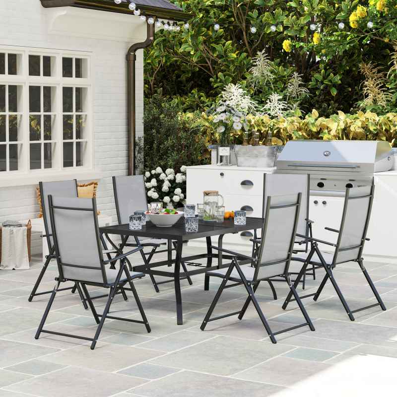 Outsunny 7 Pieces Garden Dining Set, 6 Seater Garden Furniture Set with Parasol Hole, Outdoor Dining Set with High Back Folding Chairs and Square Metal Top Table for Outdoor Patio, Grey