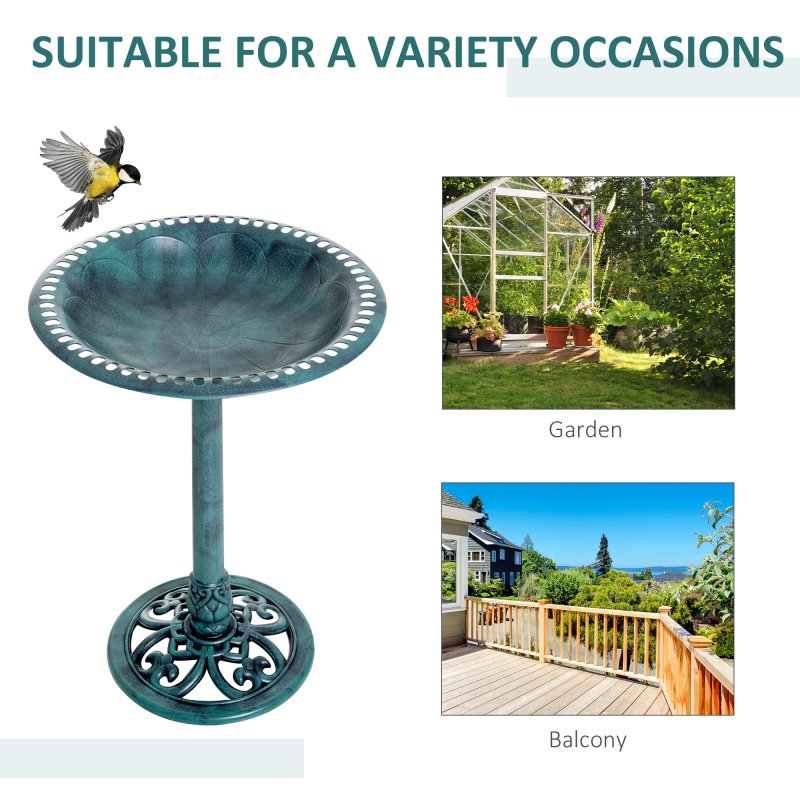 Outsunny 50cm Bird Bath for Garden, Outdoor Birdbath Stand, Decorative Bird Drinking Stand with Scallop-like Pattern, Time-Worn Finish, Green