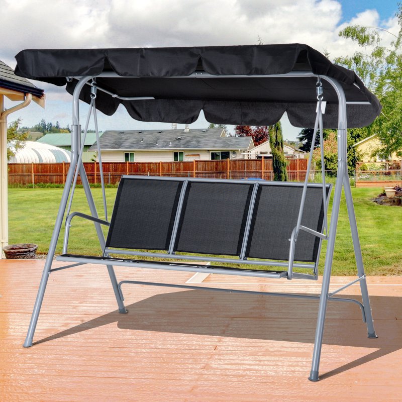 Outsunny 3 Seater Swing Chair, Garden Swing Bench with Adjustable Tilting Canopy, Breathable Mesh Seat and Heavy Duty Metal Frame for Patio, Yard, Black
