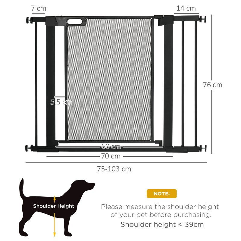 PawHut Pressure Fit Safety Gate for Doorways and Staircases, Dog Gate w/ Auto Closing Door, Pet Barrier for Hallways w/ Double Locking, Openings 75-103CM - Black