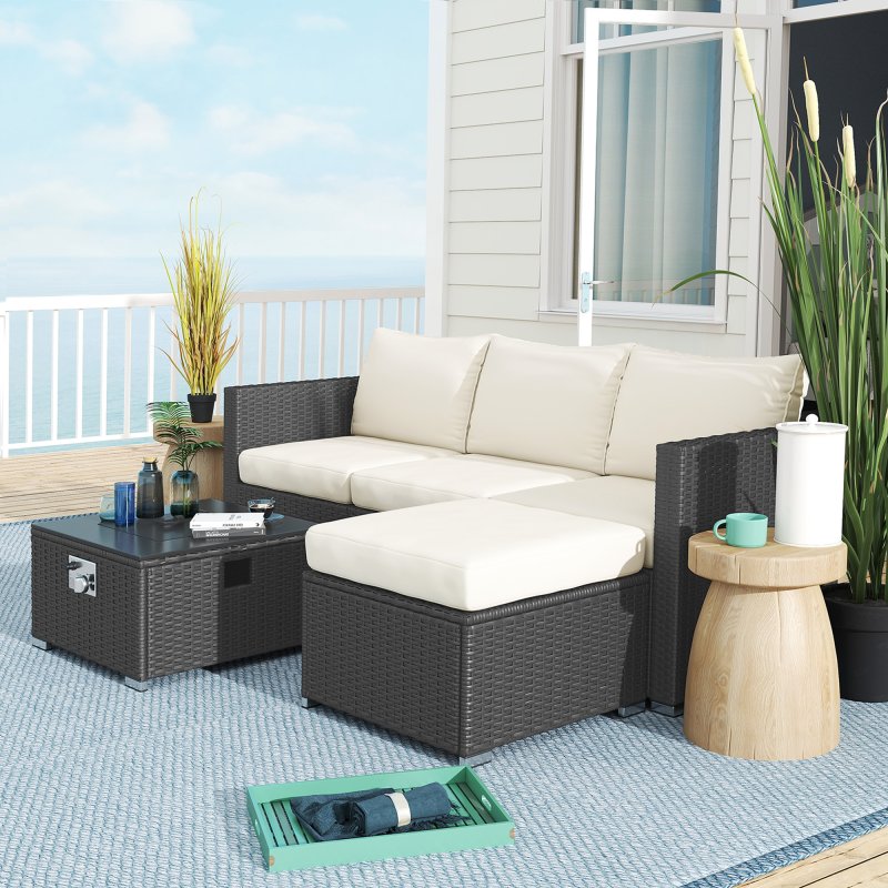 Outsunny 5 Piece Rattan Garden Furniture Set with Gas Fire Pit Table, 4 Seater Outdoor Sectional Sofa Set with Footstool and Removable Cushions, Modular Combination, Black and Cream White