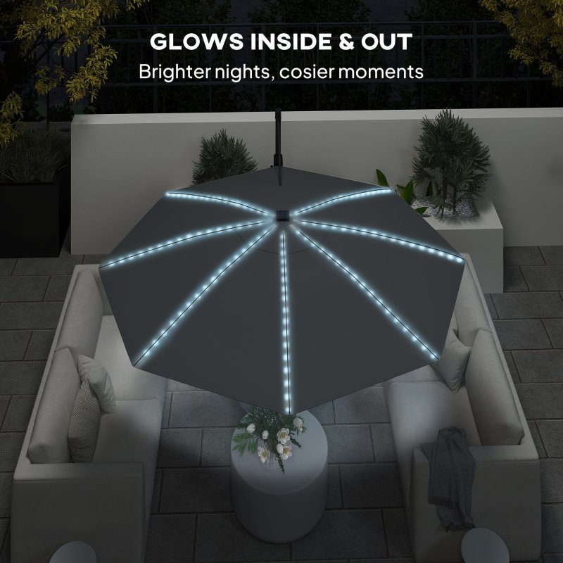 Outsunny 3(m) Cantilever Garden Parasol with Solar Powered Lights, Fibreglass Ribs, Crank Handle & Cross Base, UPF 50+, 360 Rotation, Overhanging Patio Umbrella for Patio Market, Dark Grey
