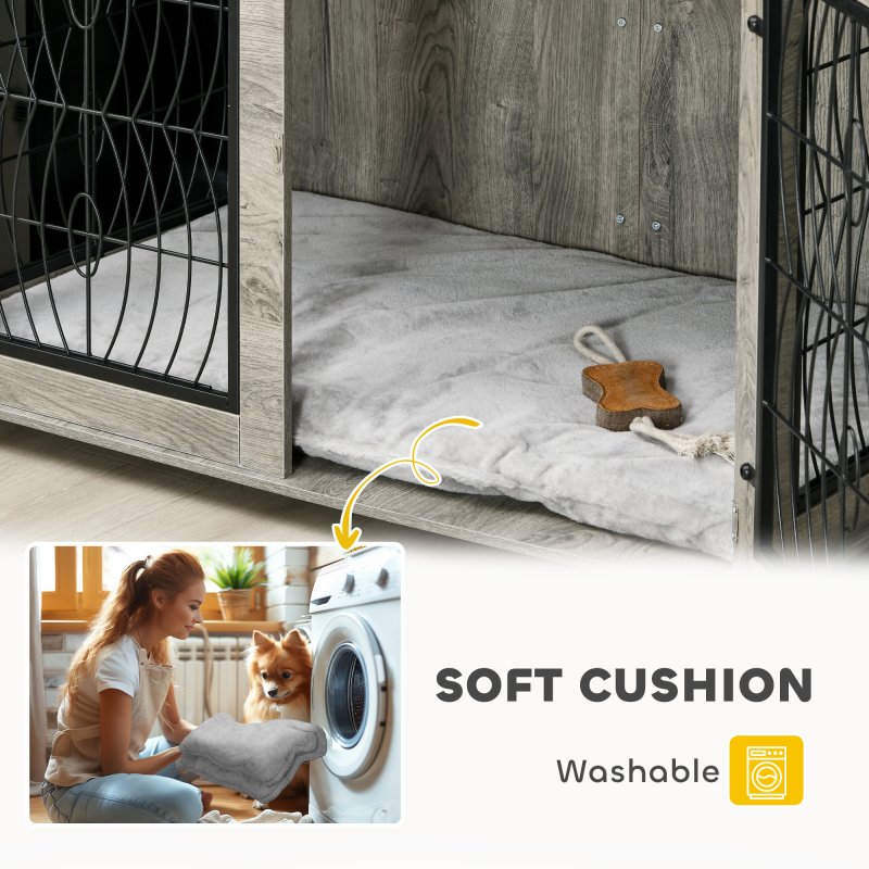 PawHut Dog Crate Furniture, Dog Cage with Soft Washable Cushion, Furniture-Style Pet Kennel Indoor House End Side Table for Small Medium Breeds, 80 x 56 x 63 cm, Grey
