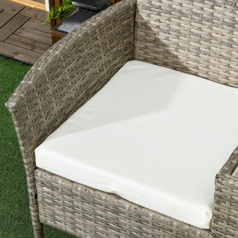 Outsunny 2 Seat Rattan Garden Bench, Patio Wicker Chair with Glass Tea Table, Outdoor Love Seat with Padded Cushions, for Garden, Porch, Mixed Grey/Cream White