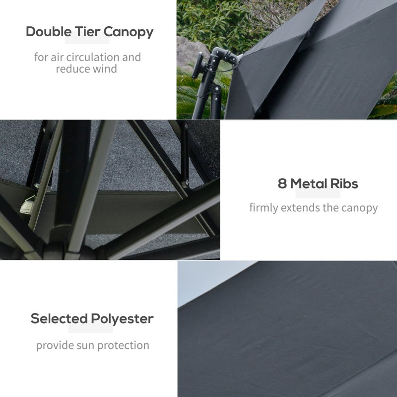 Outsunny 3(m) Cantilever Banana Parasol Hanging Umbrella with Double Roof, LED Solar lights, Crank, 8 Sturdy Ribs and Cross Base for Outdoor, Garden, Patio, Black