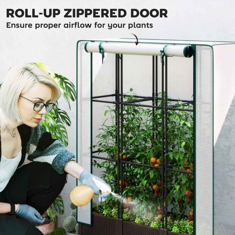 Outsunny Raised Garden Bed with Trellis, Plastic Planter Box with PE Cover, Drainage Holes, Drain Plugs and Water Reservoirs for Climbing Plants, Vegetables, Flowers, 120 x 40 x 140 cm