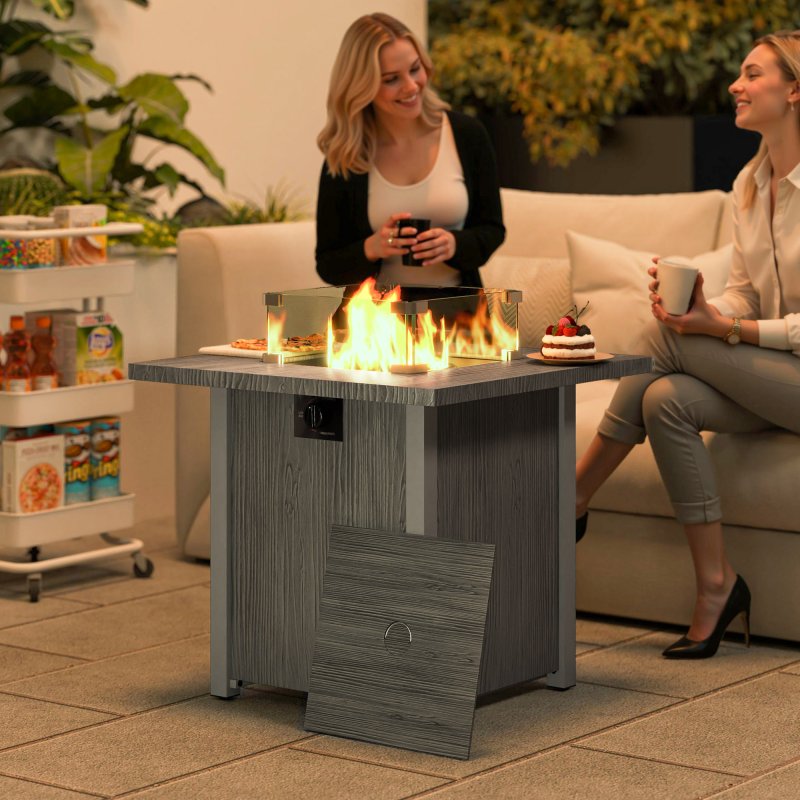 Outsunny Propane Gas Fire Pit Table for Garden, 40000 BTU Smokeless Firepit Outdoor Heater with Waterproof Cover, Glass Screen, Glass Beads and Lid, Wood Effect, 71 x 71 x 62.5cm, Dark Grey