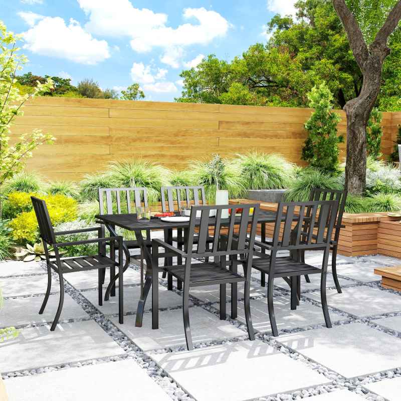 Outsunny 7 Pieces Patio Dining Set, 6 Seater Outdoor Table and Stackable Chairs with Umbrella Hole, Galvanised Steel Frame, Space Saving, for Poolside, Garden, Black