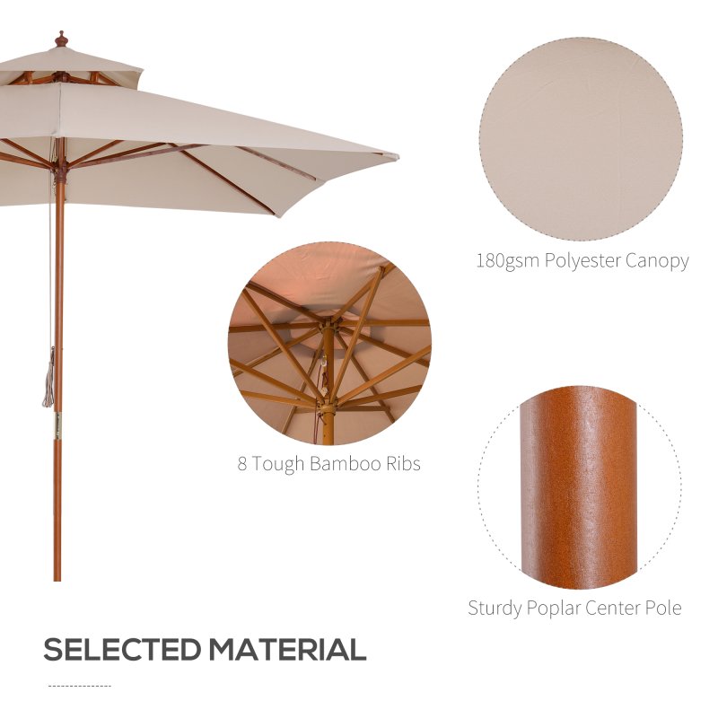 Outsunny 3 x 3 (m) Garden Parasol Umbrella, Large Square Outdoor Patio Sunshade Canopy with Double Tier, 48 mm Wooden Pole, 8 Ribs for Balcony, Beige