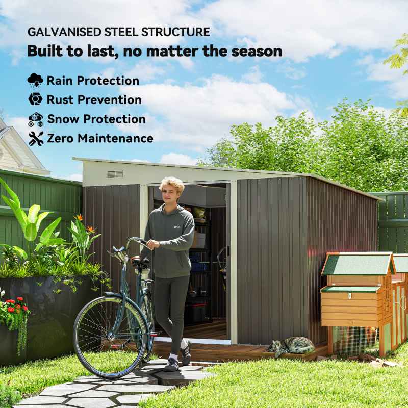 Outsunny 11.3 x 9.2ft Lean to Metal Garden Shed with Double Sliding Doors, Outdoor Galvanised Tool Storage House with 2 Air Vents, Grey