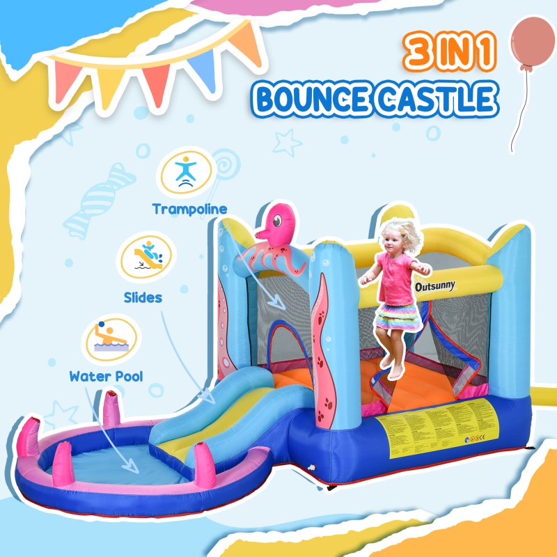 Outsunny 3 in 1 Kids Bouncy Castle with Slide and Pool Trampoline, Inflatable Water Park with Blower for Kids Age 3-8 Octopus Design 3.6 x 1.75 x 1.8m