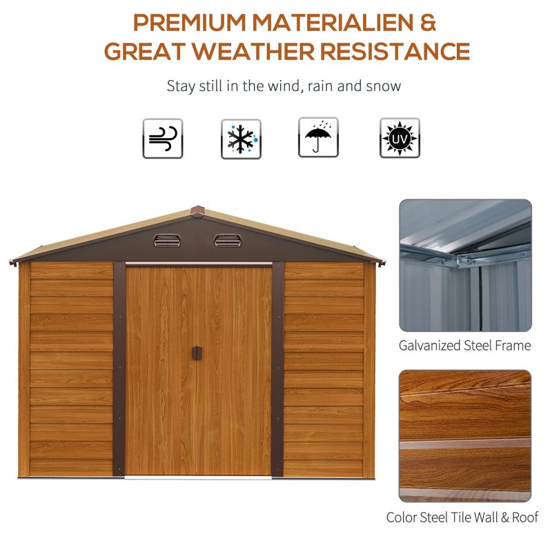 Outsunny 9 x 6ft Metal Garden Shed, House Hut Gardening Tool Storage with Ventilations, Sliding Door, Sloped Roof for Garden, Patio, Brown