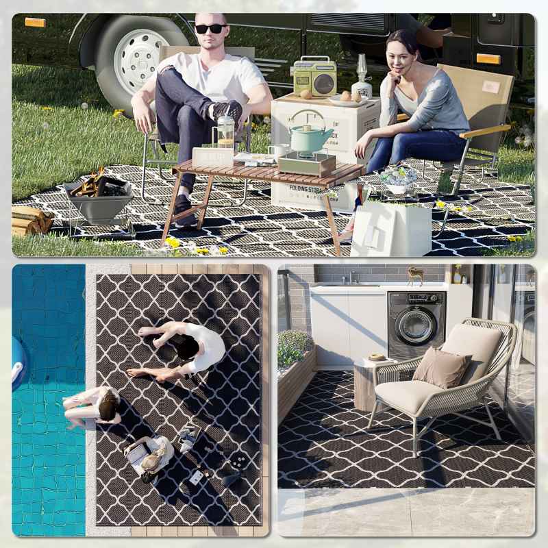 Outsunny Reversible Outdoor Rug with Carry Bag, Waterproof Plastic Straw Mat for Garden, Deck, RV, Picnic, Beach, Camping, 182 x 274cm, Black