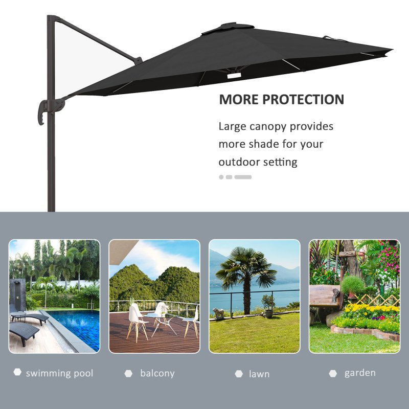 Outsunny 3(m) Cantilever Roma Parasol Garden Sun Umbrella Outdoor Patio with 360 Rotation Crank & Tilt Aluminium Frame LED Solar Light Cross Base, Dark Grey