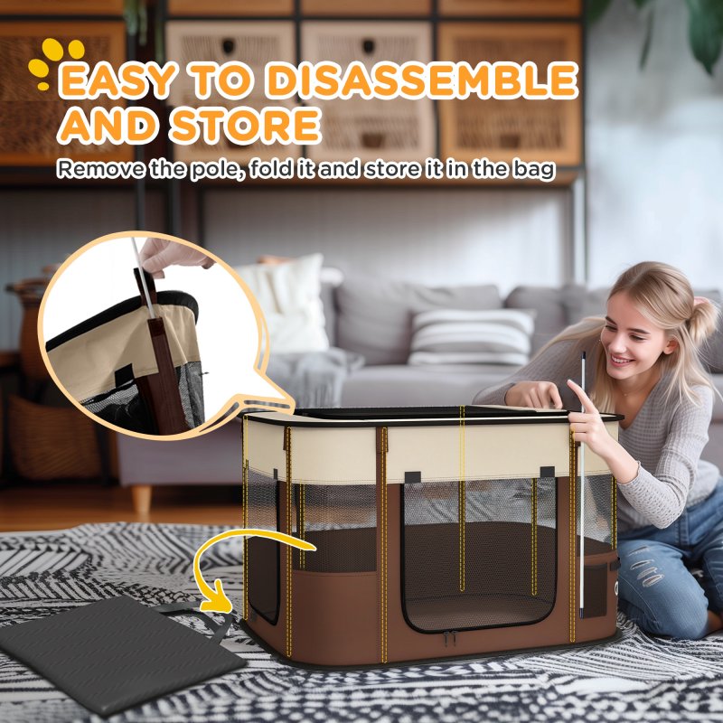 PawHut Dog Pen, Pet Playpen, Portable Foldable Dog Cat Playpen Soft Pet Cage with Storage Bag for Puppies, Rabbits, Kittens, Guinea Pigs, 84 x 64 x 53cm - Brown