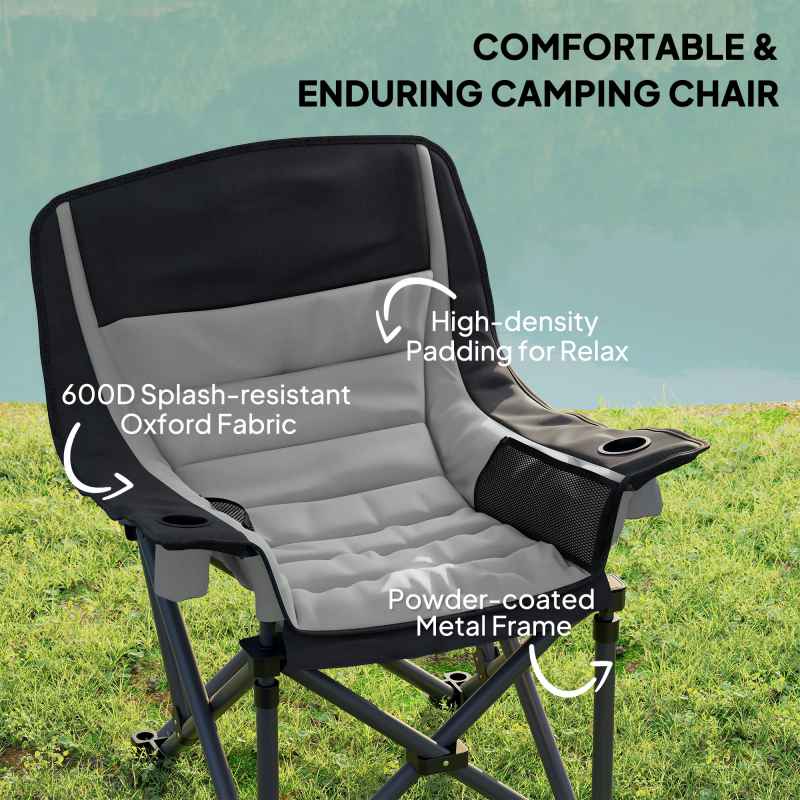 Outsunny Folding Camping Chair for Adults, Portable Padded Folding Chair with Cup Holders, Side Pockets and Carry bag for Picnic, Hiking, Fishing, Grey
