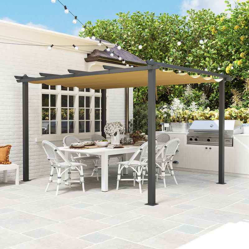 Outsunny 3 x 4m Pergola with Retractable Roof, Aluminium Frame Garden Gazebo Canopy Outdoor Sun Shade Shelter for Grill, Patio, Deck, Khaki