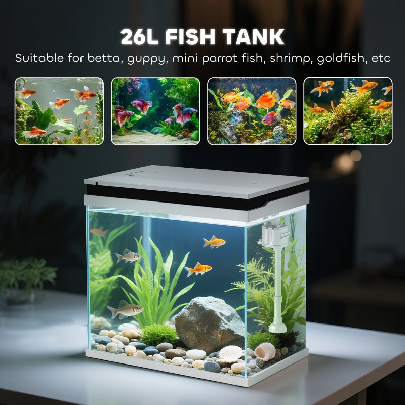 PawHut Fish Tank, 26L Glass Aquarium with Filter System, LED Lights, Water Pump, Betta Fish Tank for Goldfish, Shrimps, White