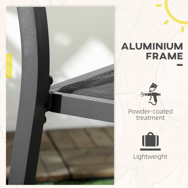 Outsunny 2 Pieces Garden Dining Chairs, Aluminium Outdoor Armchair for 2 with Breathable Mesh Fabric, Stackable Design, Black