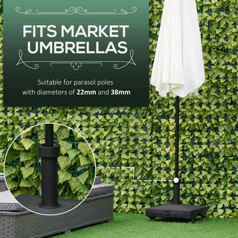 Outsunny Heavy Duty Garden Parasol Base Stand with Wheels, 18kg Sand or 16kg Water Filled Patio Umbrella Base Square Outdoor Umbrella Stand Holder, Black