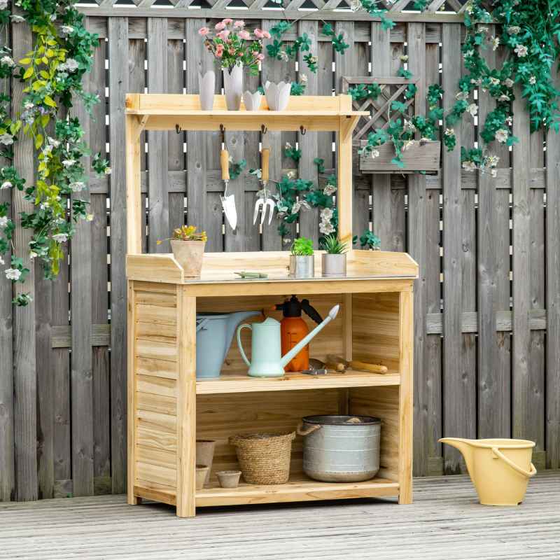 Outsunny Garden Potting Bench Table, Wooden Workstation Bench w/ Galvanized Metal Tabletop, Storage Shelves and Hooks for Patios, Courtyards, Balcony