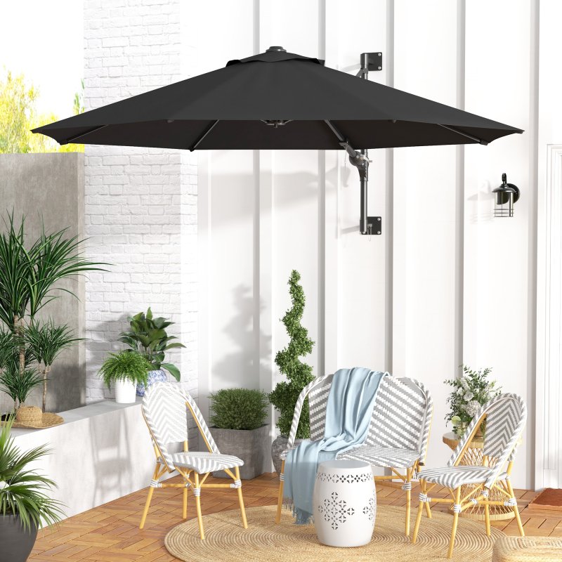 Outsunny 3 M Wall Mounted Garden Parasol Umbrella with Rotate, Outdoor Market Umbrella Sun Shade Canopy with 8 Ribs, Charcoal Grey