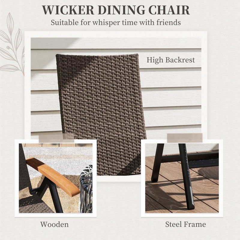 Outsunny Outdoor Folding Dining Chair, PE Rattan Chair with Armrests, High Backrest, for Garden, Camping, Balcony, Porch, Brown