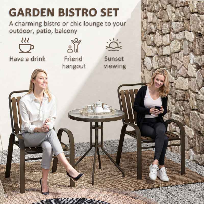 Outsunny 3 Pieces Patio Bistro Set, Garden Furniture Set with Stackable Chairs, Tempered Glass Table, Rust Resistant for Outdoor, Balcony, Patio, Garden, Dark Brown
