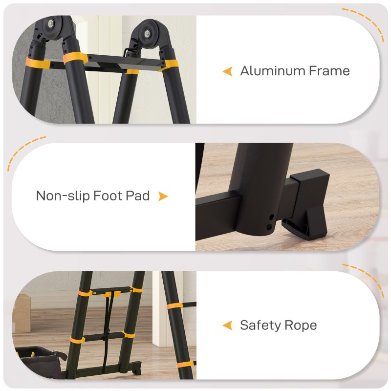 HOMCOM 3.8M Duo Aluminium Ladder with 12 Non-Slip Steps, Tool Holder Herringbone Deployed Extendable DIY with Climbing Platform, Yellow