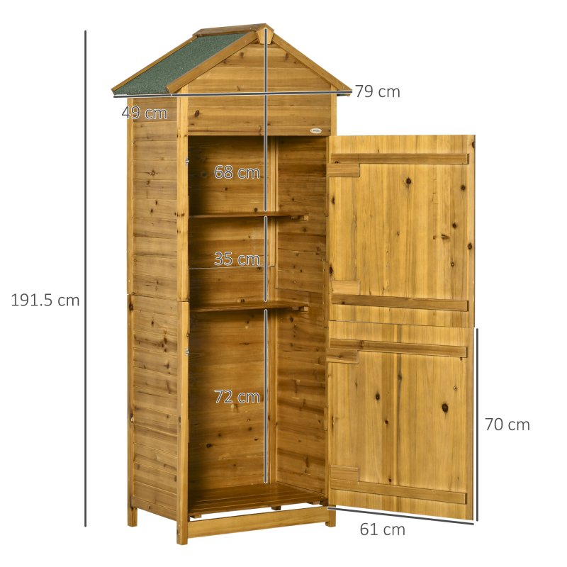 Outsunny Wooden Garden Storage Shed Utility Gardener Cabinet w/ 3 Shelves, Tilted-felt Roof and Two Lockable Doors, 79cm x 49cm x 191.5cm, Natural wood effect
