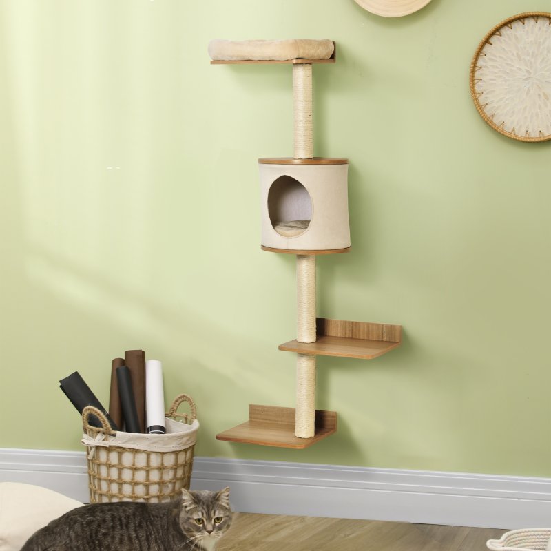 PawHut Cat Tree for Indoor Cats, Wall Mounted Cat Shelf w/ Perch, Cat House, Scratching Post - Beige