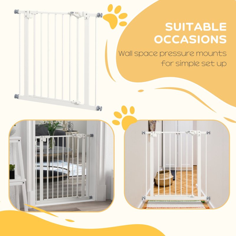 PawHut Dog Gate Stair Gate Pressure Fit Pets Barrier Auto Close for Doorway Hallway, 74-80cm Wide Adjustable, White