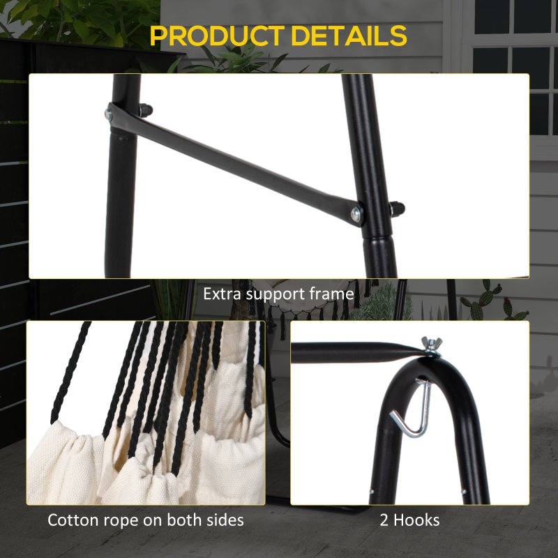 Outsunny Patio Hammock Chair with Stand, Outdoor Hammock Swing Hanging Rope Chair with Cushion, Armrest, Hooks, Cream White